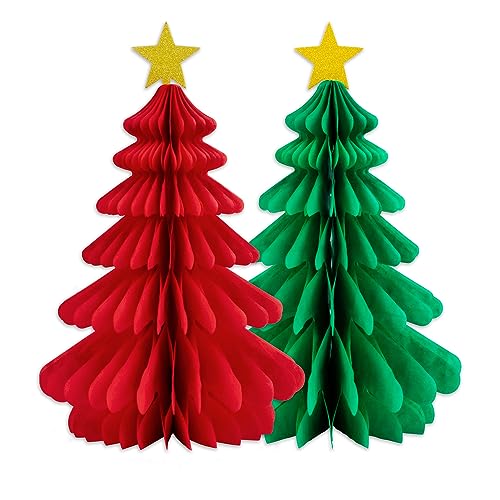 Christmas-Honeycomb-Paper-Tree-3D-Red-Green-Xmas-Centerpiece-Ceiling-Hanging-Tissue-Pine-Tree-Star-Holiday-Party-Decoration-2-Pieces
