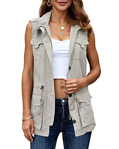 Koodred Women's Casual Military Utility Vest Lightweight Sleeveless Drawstring Jackets with Pockets2