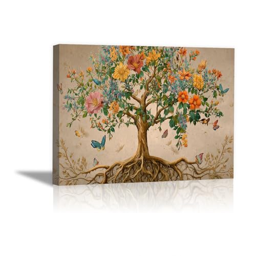 Tableau arbre fleurs papillons toile decoration murale poétique fond beige épuré
