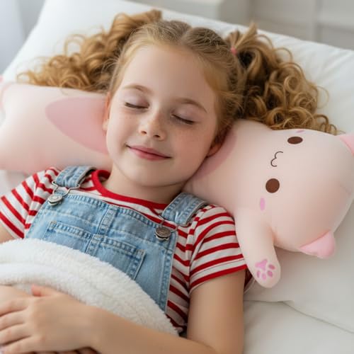 Image of Long Cat Plush Toy - Ultra Soft Cat Plush Pillow Stuffed Animal for Kids & Adults, Kawaii Kitty Body Pillow, Cute Plushie Gift for Kids Girlfriend (Pink, Round Eyes, 110cm /43.31inch)
