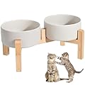 Elevated Double Ceramic Dog & Cat Bowls 400ML Raised Dog Feeder Bowl Small Pets Stylish Feeding Bowls with Elevated Wooden Stand, for Cats and Small Dogs Eating Food & Drinking Water Anti Vomit Grey