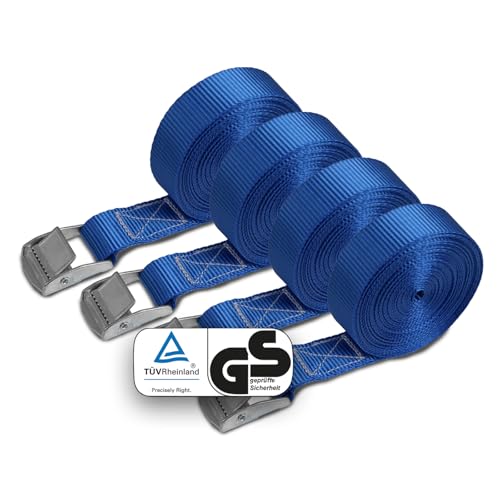 Spanngurte Zurrgurt | TÜV geprüft | Spanngurt Befestigungsgurt mit Klemmverschluss | Blau | Belastbar bis 250 kg | Diverse Längen Stückzahlen - 4er Pack 2.5 cm x 6 m