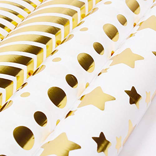 Amosfun Rolo de papel de presente com 4 unidades, folha dourada, estrelas, bolinhas, listras, papel