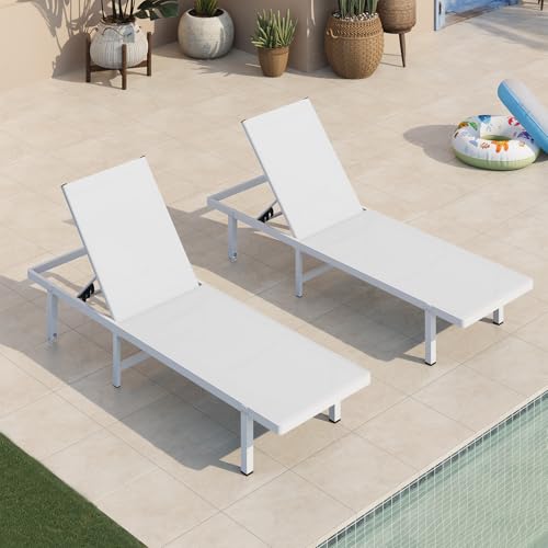 Oasbira Pool Lounge Chairs Set of 2, Aluminum Outdoor Lounge Chair with Wheels and 5-Position Recliner, Chaise Lounge Chair Outdoor for Poolside, Deck, Beach (White)