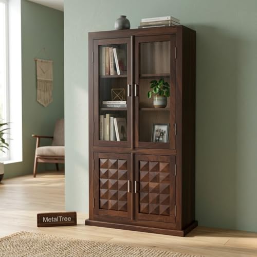 Image of Sheesham Wood Bookcases with 5 Shelves - Wooden Kitchen Crockery Cabinet for Dining Room Kitchen with Glass Door Book Shelf Wooden Rack for Living Room (Lucas Walnut)