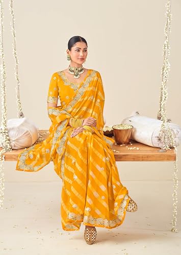Image of Laxmipati Nazakat Floral Embroidered Chiffon Saree in Yellow Color with Unstitched Blouse