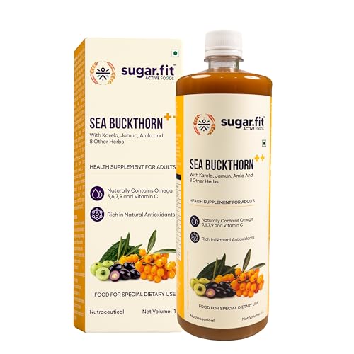 Image of Sugar.fit Himalayan Sea Buckthorn Juice 1000ml | Cold Pressed Seabuckthorn Berry Pulp with 14 Herbs - Amla, Karela, Jamun | Natural Vitamin C, Omega 3 6 7 9 | Immunity, Skin Glow & Gut Health