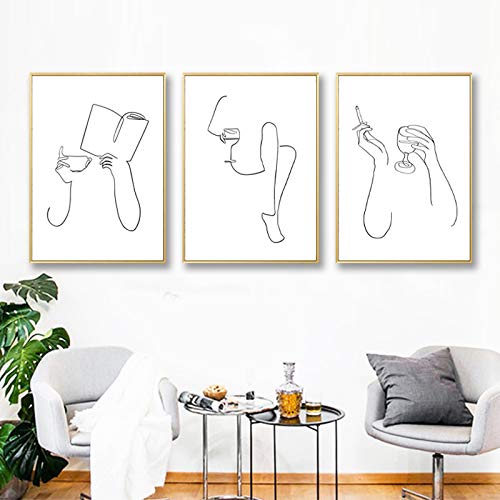 Affiche nordique minimaliste AM Coffee PM Wine en lot de 3 toiles abstraites 50x75cm sans cadre