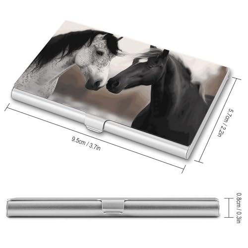 Business Card Holder Metal Slim Business Card Case Black And White Horses Professional Cards Organizer Pocket Name Cards Case Credit Holder Wallet for Men Women Buckle Style Shut2