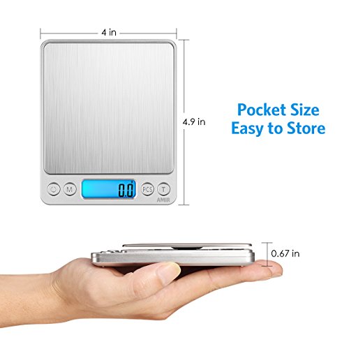 AMIR Digital Kitchen Scale, 3000g 0.01oz/0.1g Pocket Cooking Scale, Mini Food Scale, Pro Electronic Jewelry Scale with Back-Lit LCD Display, Tare & PCS Functions, Stainless Steel, Batteries Included