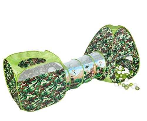 FunBlast Army Theme Portable Kids 3 in1 Tunnel Playhouse Ball Pool Ball Pit with 25 Balls – Foldable Tunnel Ball Pool Outdoor Tent House (Multicolor)