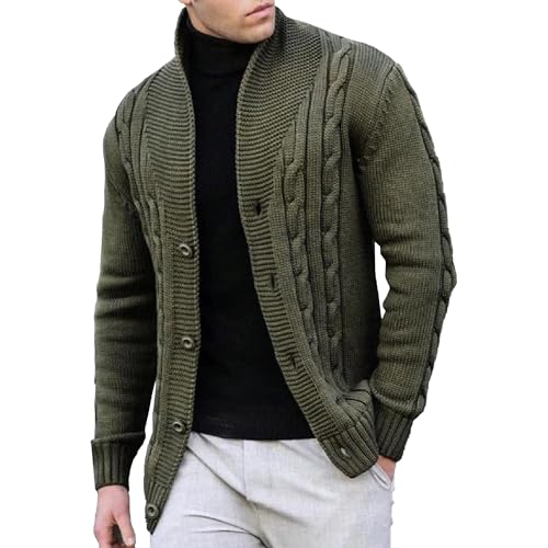Mens Shawl Collar Cardigan Sweaters Long Sleeve Button Down Cable Knitted Sweater Slim Fit Casual Knitwear