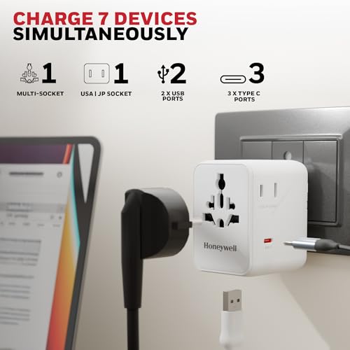 Image of Honeywell Universal Travel Adapter 70W, 7 in 1 Fast Charging, QC3.0 /PD, Universal & US Socket, 3 Type C, 2 USB A, Overload & overvoltage Protection, International Adapter for EU, US, UK & CN /AUS