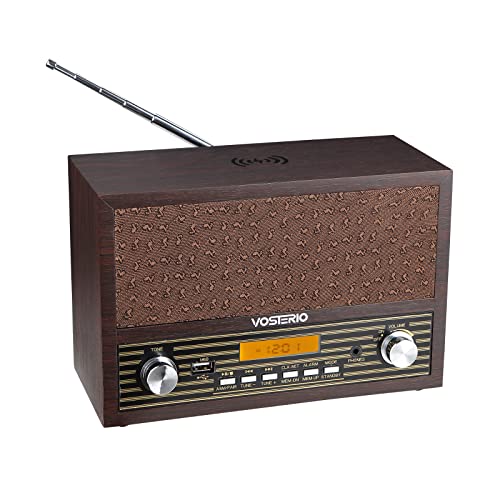 VOSTERIO Retro FM Kurzwellenradio, Radiowecker aus Holz mit Kabelloser Ladestation, Vintage-Radio mit Bluetooth-Lautsprecher, USB-Diskettenspieler, LCD-Display, Wecker mit 2 Wecktönen