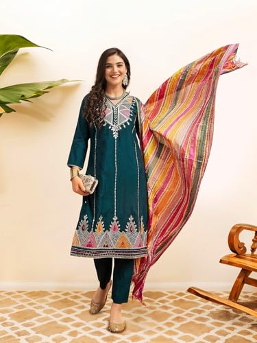 Image of ishin Women Yoke Design Ethnic motifs teal straight kurta with solid pants and dupatta