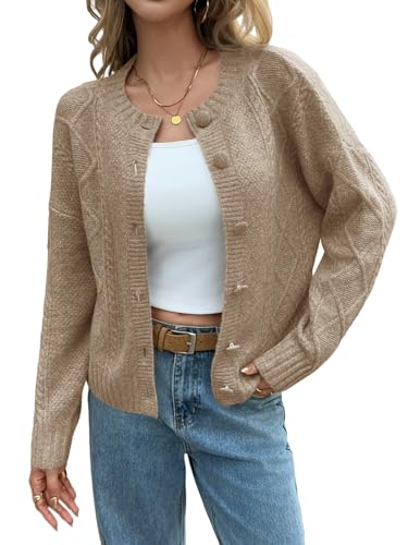 Saodimallsu Womens Cable Knit Cardigan Button Down Crew Neck Long Sleeve Loose Fall Trendy Sweater Coats