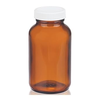 Wheaton W216942 Wide Mouth Packer Bottle, Amber Glass, Capacity 8oz With 45-400 White Polypropylene Poly-Vinyl Lined Screw Cap, Diameter 66mm x 119mm Case Of 24
