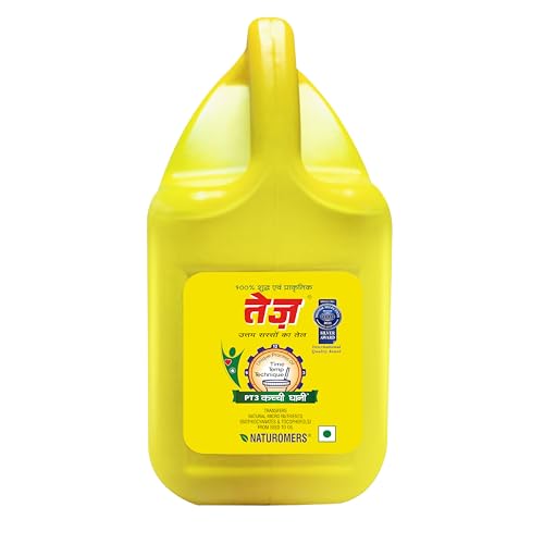 Image of Tez Mustard Oil for Cooking 5L Can | PT3 Kachchi Ghani Sarson Ka Tel | 100% Pure & Natural Oil | Promotes Gut Health with Antibacterial & Antifungal Benefits | Supports Good Health (Pack of 3)