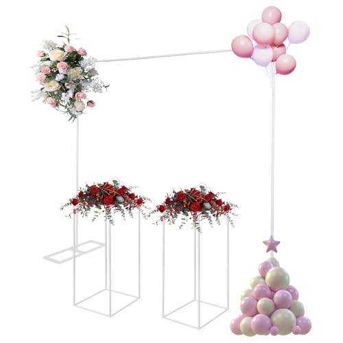 Balloon Stand with 2 Flower Stands 2×2m/6.56×6.56ft Metal Square Wedding Arch and 10.63×31.5inch Flower Stand Metal Backdrop Stands for Weddings, Parties, Photo Booth Background Decorations (White)