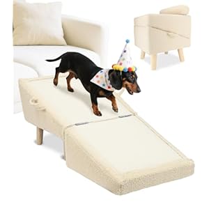 Dog Stairs for Small Dogs and Cats – 2-in-1 Dog Ramp for Bed and Couch, 16.5” Foldable Wooden Pet Steps, Sturdy Multi-Use Split Ottoman Design, Beige
