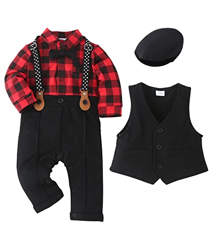 Image of WESIDOM Baby Boy Suit Outfits Set 3pcs,Infant Tuxedo Long Sleeve Gentleman Wedding Jumpsuit & Vest Coat & Beret Hat