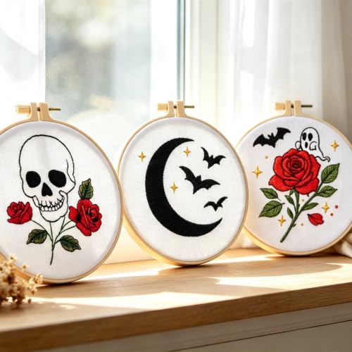 Image of Skull Rose Embroidery Kits for Beginners Adults, Halloween Goth Embroidery Sets Needlepoint Kits, Halloween Stamped Cross Stitch Kits for Beginners Adults, 3 Embroidery Hoops (Attached Video Tutorial)