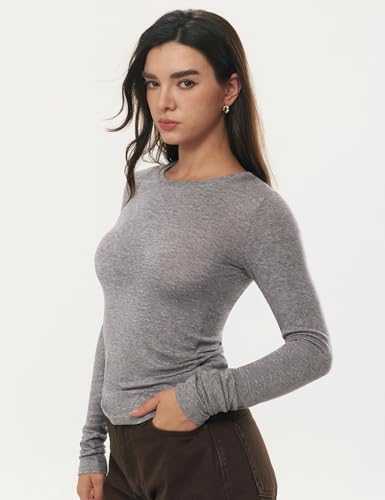 Image of Women's Merino Wool Blend Shirts Long Sleeve Tops Crew Neck Fitted Basic Tee Cozy Embrace Collection