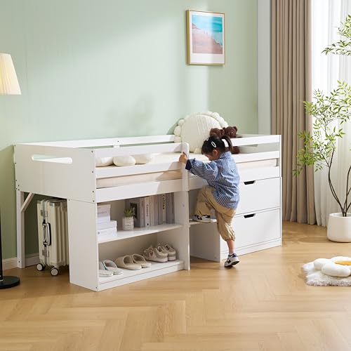 OSJ システムベッド シングル ロータイプ 引き出し 収納付き 子供部屋 本棚 木製 ホワイト