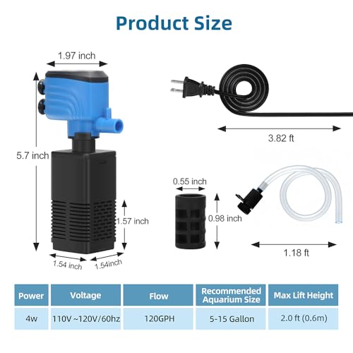 Image of DaToo Aquarium Filter 5-15 Gallon Fish Tank Filter 120GPH Powerful Pump for Aquariums Adjustable Air Flow Submersible Internal Aquarium Filters for Pond Wavemaker Air Supply Freshwater and Saltwater