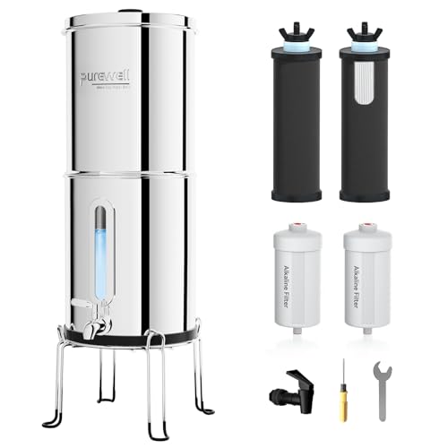 Purewell 2.25G Gravity Water Filter System with Water Level Window, 7-Stage 0.01μm Ultra-Filtration Countertop System with 4 Filters and Stand, Reduce Fluoride &amp; Chlorine, Up to pH 9, PW-KS-FT
