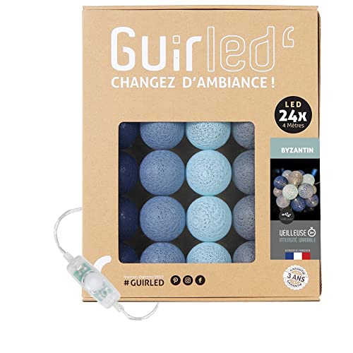 GuirLED - Guirlande lumineuse boules coton LED USB - Veilleuse bébé 2h - Adaptateur secteur double USB 2A inclus - 3 intensités - 24 boules 2.4m - Byzantin
