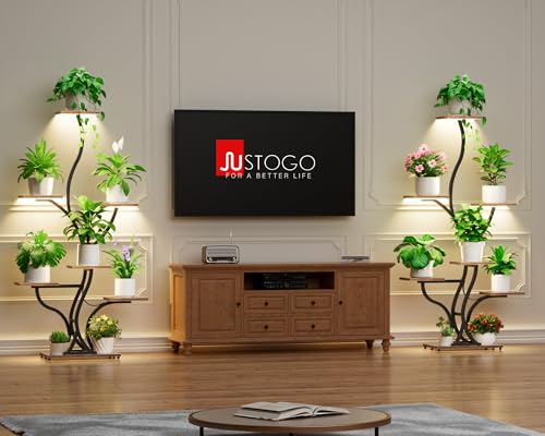 Image of JUSTOGO 7 Tier Plant Stand with Grow Lights, Tall Indoor Plant Shelf | 7 Tiered Shelf for Multiple Plants, Full-Spectrum Grow Lights, 59 inch Corner Design for Small Spaces, For Patio, Home Decor