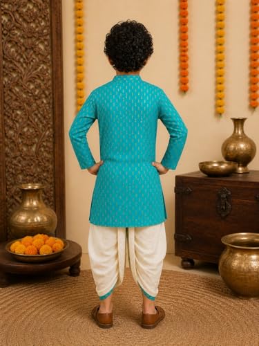 Image of superminis Boy's Cotton Kurta with Dhoti - Golden Thread Work, Solid Round Collar, Full Sleeves, Side Button Kurta Set for Ethnic Wear