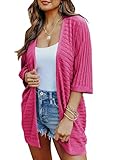 SHEWIN Womens 2024 Spring Short 3/4 Sleeve Casual Open Front Lightweight Summer Kimono Cardigan Soft Cable Knit Cardigan Sweaters Outwear,US 16-18(XL),Hot Pink