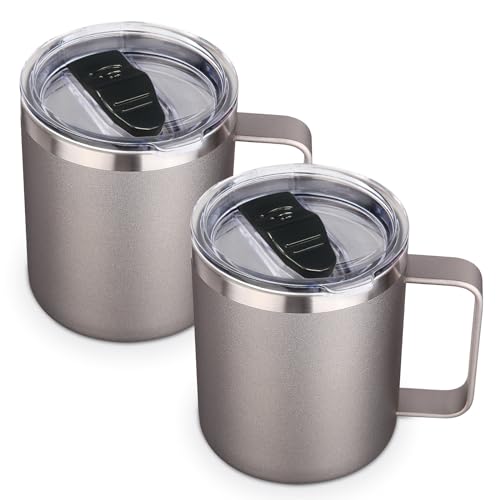 Volhoply 14oz Insulated Stainless Steel Coffee Mug with Lid Bulk 2 Pack,Double Wall Vacuum Travel Coffee Cup with Handle,Reusable Metal Cups Tumbler,Camping Mugs Keep Hot,Ideal Gifts(Gray,2 Set) by Volhoply - Used condition - US$14.53