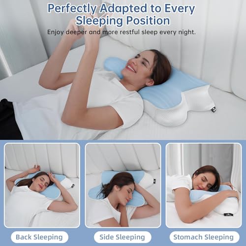 Honfay Almohada ergonómica Cervical con Memoria de Forma, cojín ortopédico, Almohada para Dormir en el Lado de la Espalda y el Vientre para Mejorar la Calidad del sueño, 62 x 42 x 10,5 cm (Azul) - imagen 3