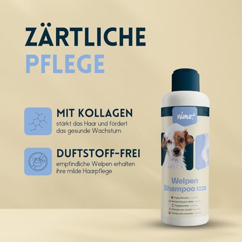 nimo® Welpen Shampoo sensitiv | ohne Duftstoffe & pH-Neutral mit Kollagen | für alle Hunderassen und Sensible, allergische Welpen | für bessere Kämmbarkeit & glänzendes Fell, 100% tierleidfrei