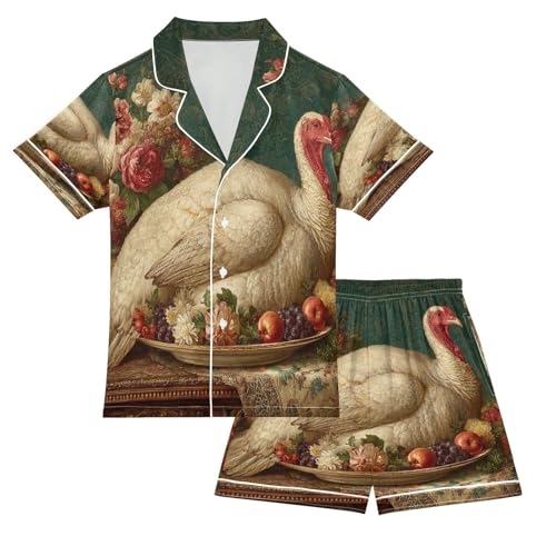 Satin Pajama Sets Short Sleeve Funny Turkey Thanksgiving Button Down Silky Nightwear 2 Piece PJS 5-14Y