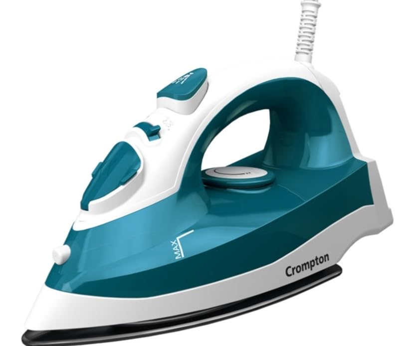 Crompton Fabrimax Neo 1250W Steam Iron with 200 ml Water Tank, Non-Stick Soleplate, Powerful Steam Burst, 6 Fabric Settings, 360° Swivel Cord, White & Teal