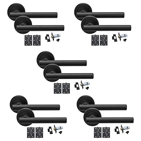 Golden Grace 5 Sets Straight T-Bar Design Matt Black Finish Door Handles On Rose with Black Ball Bearing Hinges and Black 64mm Tubular Latch Cover