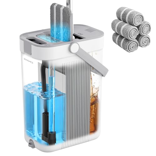 SONGMICS Juego de Fregona y Cubo, Separación de Agua Limpia y Sucia, 3 Compartimentos con Escurridor, Fregona Plana, Cabezal de 360°, 5 Paños de Microfibra, Blanco y Gris LMB001WT05