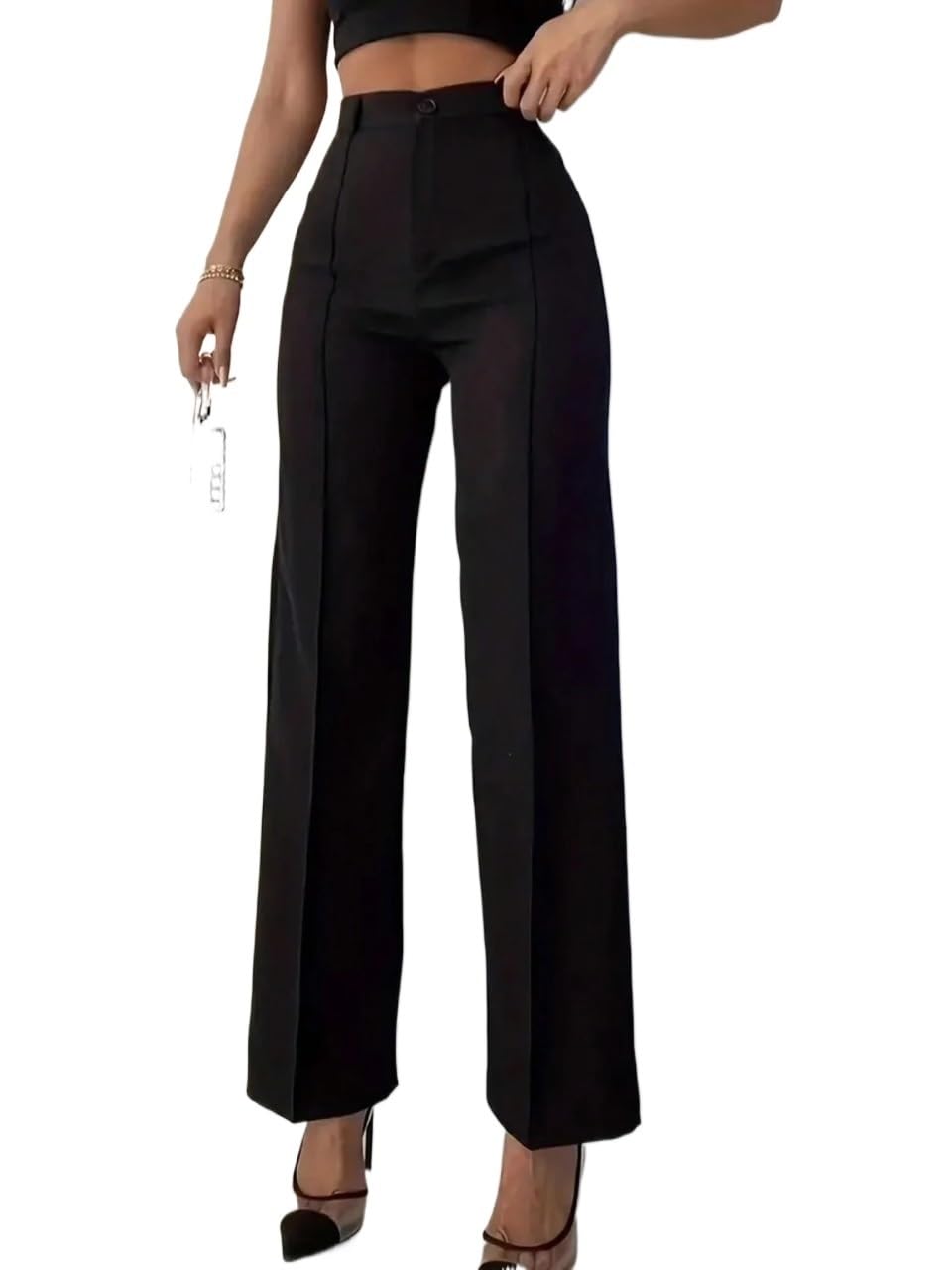 Womens Fall Elastic Knit High Waist Front Button Plain Casual Pants Trousers Black