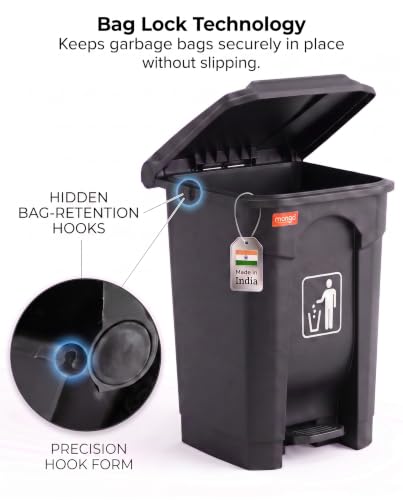 Image of pedal dustbin with lid, heavy duty plastic garbage bin, hands-free step-on waste bin for kitchen, office, home, hotel, bathroom & outdoor use (Jet Black, 35 Liters)