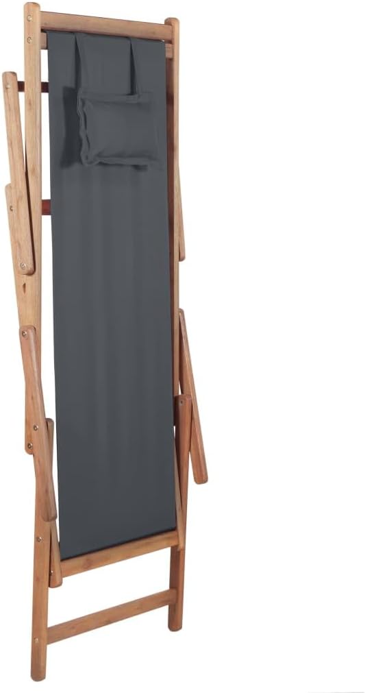 Folding Sling Beach Chair, Grey Eucalyptus Wood & Polyester Fabric, Adjustable Outdoor Patio Seating, Portable Lawn Porch Chair