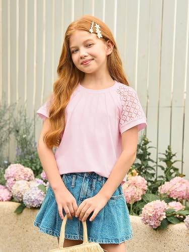 Image of Girls Pleated T Shirts Kids Fashion Lace Sleeve Summer Tops 5-14 Years | Casual Crewneck Blouse,Fashion Clothes
