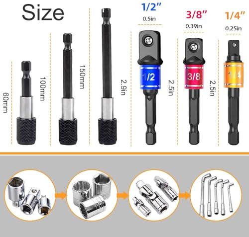GALLIA Flexible Drill Bit Extension Set 38Pcs, Right Angle Drill Attachment, Rotatable Joint Socket 1/4 3/8 1/2 Inch Hex Socket Adapter, Bits Holder and Screwdriver Bit Kit with a Box (Black) - Thumbnail 2