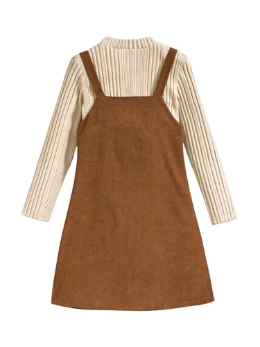 WDIRARA Girl's 2 Piece Corduroy Outfits Crew Neck Long Sleeve Sweater and Button Down Overall Dress Set2