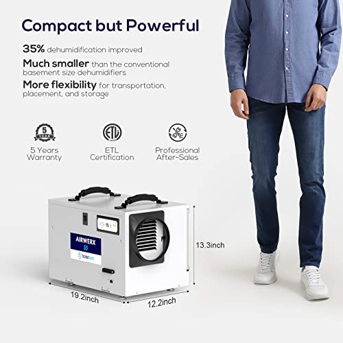 Baseaire Basement Crawl Space Dehumidifier 113 Pint With Continuous Drain Hose, Compact Commercial Industrial Home Dehumidifiers For Basements Crawlspace Garage Attic Whole House, 5 Years Warranty #TOP4