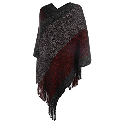 Image of Women's Elegant Knitted Shawl Poncho with Fringed V-Neck Striped Sweater Pullover Cape Gifts for Women Mom