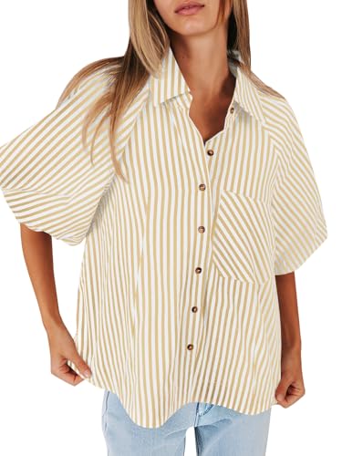Image of Tankaneo Womens Short Puff Sleeve Button Down Shirts Striped Trendy Casual Loose Fit Blouse V Neck Collared Tops